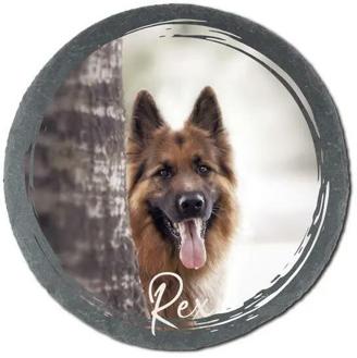 Runde Schiefertafel mit Hundefoto und Name