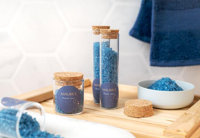 Mini-Glasröhrchen Set mit runden Stickern & Badesalz Blau - 12 Stk.