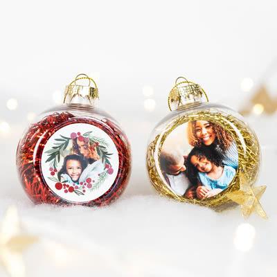 Set Weihnachtskugeln personalisiert mit Foto - 2 Stk. (Transparent, Lametta Gold)