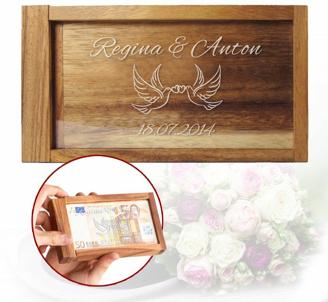 Magische Geldgeschenkbox - Liebestauben Gravur