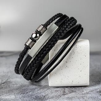 Geflochtenes Lederarmband mit Beads Silber - Herren Armband