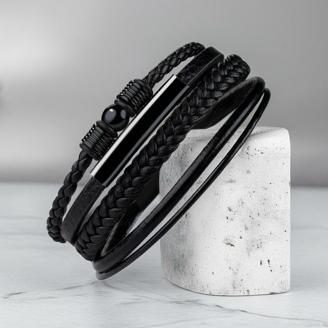 Geflochtenes Lederarmband mit Beads Schwarz - Herren Armband