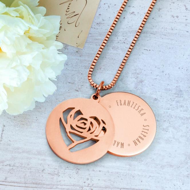 Runder Kettenanhänger Rosegold - Rosenherz und Namen