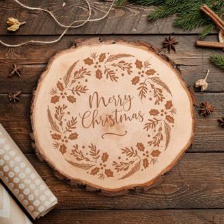 Baumscheibe mit Gravur Adventskranz - Merry Christmas