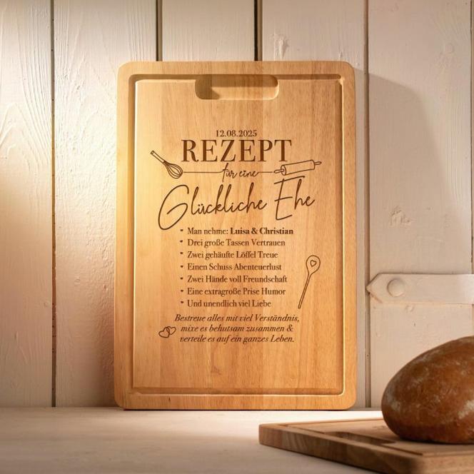 Holz Schneidebrett mit Gravur - Rezept glückliche Ehe