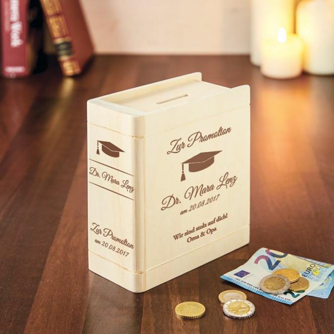 Spardose Buch aus Holz mit Gravur zur Promotion - Personalisiert