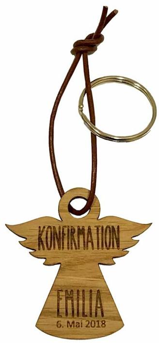 Schlüsselanhänger aus Holz zur Konfirmation - personalisiert (Engel)