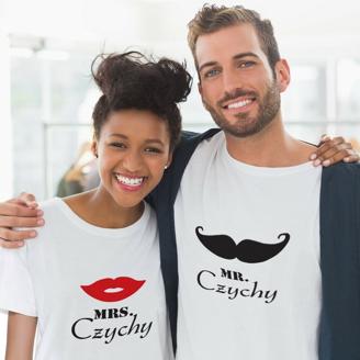 Personalisierte T-Shirts "Mr. & Mrs.  (Schnauzer / Lippen)" - SET