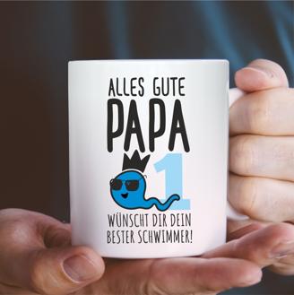 Weiße Tasse "Alles Gute, Papa, wünscht Dir Dein bester Schwimmer"