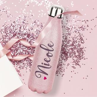 rosa Glitzerflasche mit Herz-Motiv, personalisiert mit Namen