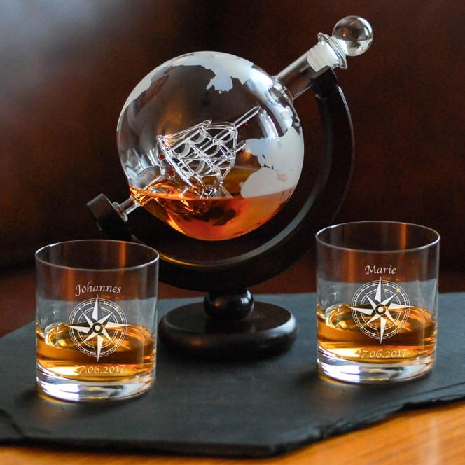 Glaskaraffe-Globus mit Whiskyglas Kompass Geschenkset