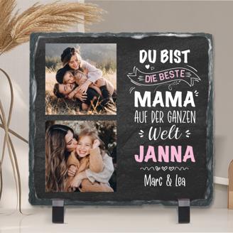 Schiefertafel mit 2 Fotos & Text "Du bist die beste Mama auf der ganzen Welt" – personalisierbar