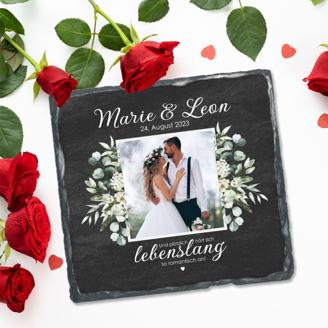 Schiefertafel mit Fotodruck zur Hochzeit "und plötzlich hört sich lebenslang so romantisch an"