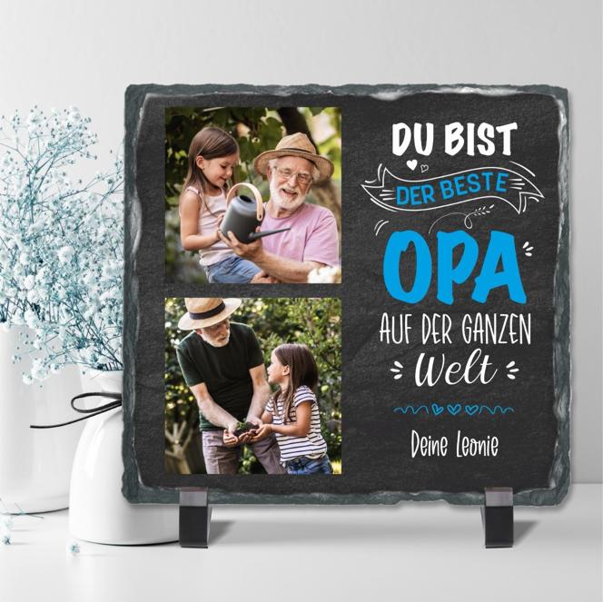 Schiefertafel mit 2 Fotos & Text "Du bist der beste Opa auf der ganzen Welt" - personalisierbar