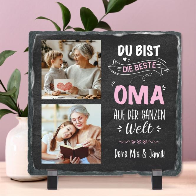Schiefertafel mit 2 Fotos & Text "Du bist die beste Oma auf der ganzen Welt" - personalisierbar