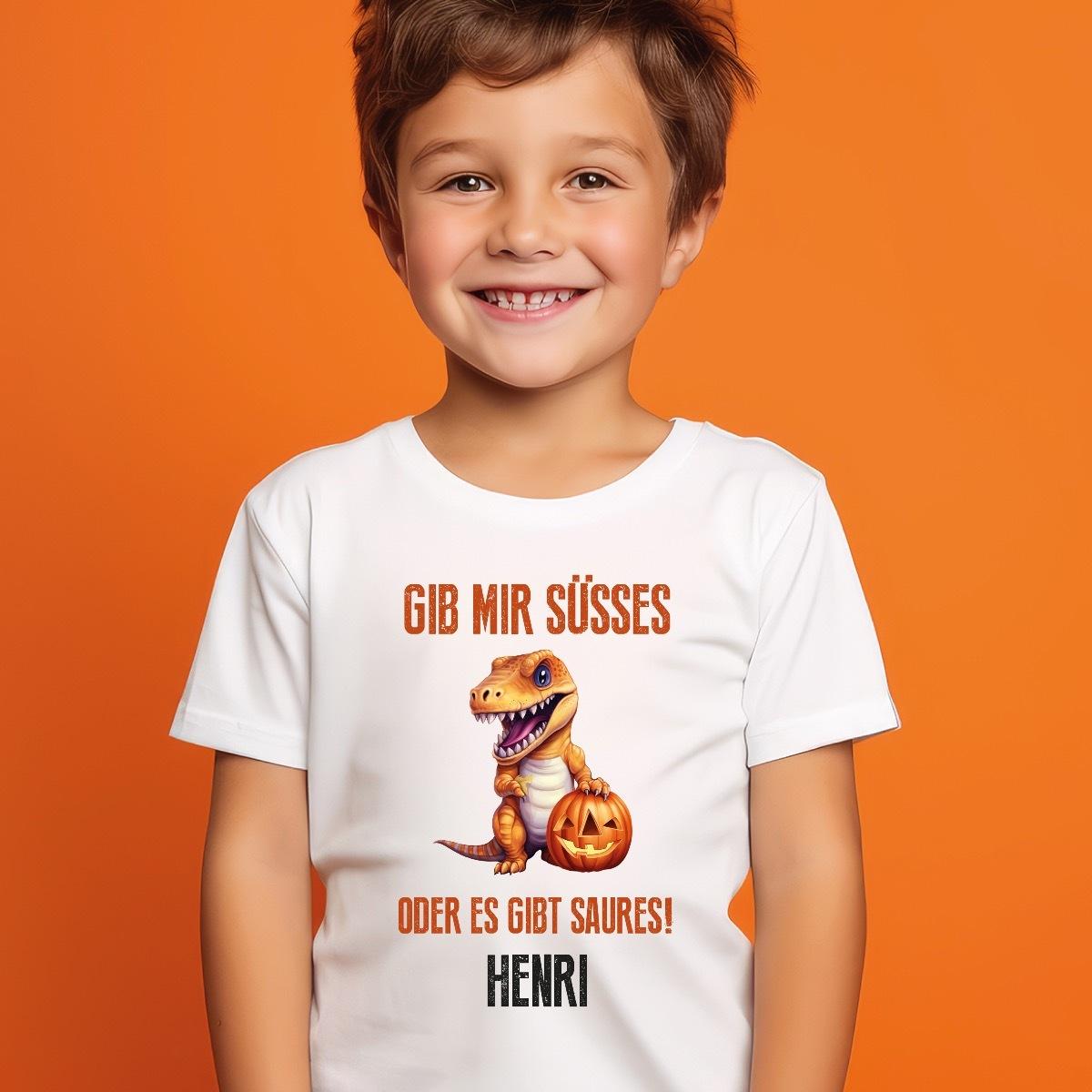 Personalisiertes Kinder T-Shirt - &amp;quot;Süßes oder Saures&amp;quot; für Halloween-Fans
