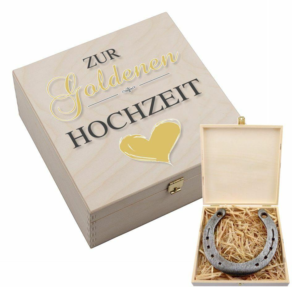 Glücksbringer HufeisenBox zur Goldenen Hochzeit mit goldenem Herz
