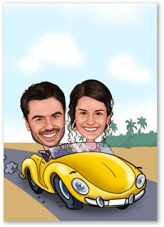 Karikatur vom Foto - Paar im gelben Auto (andere Auto-Marken mgl. (ca124)