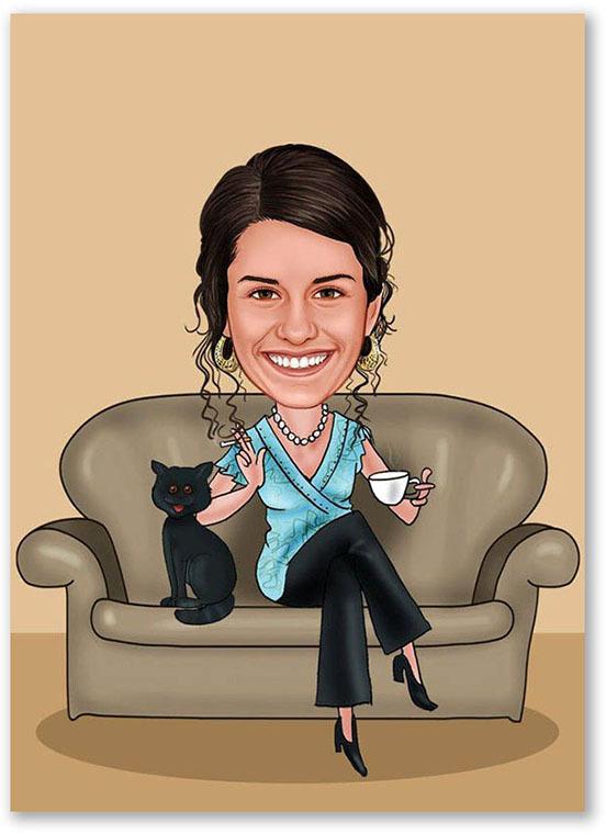 Karikatur vom Foto - Cat Lady (andere Haustiere mgl.) (ca311)