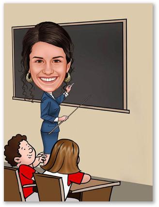 Karikatur vom Foto - Lehrerin im Klassenzimmer (ca509)
