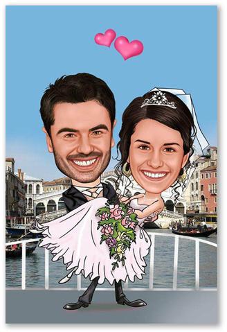 Karikatur vom Foto - Hochzeitspaar in Venedig (ca542)