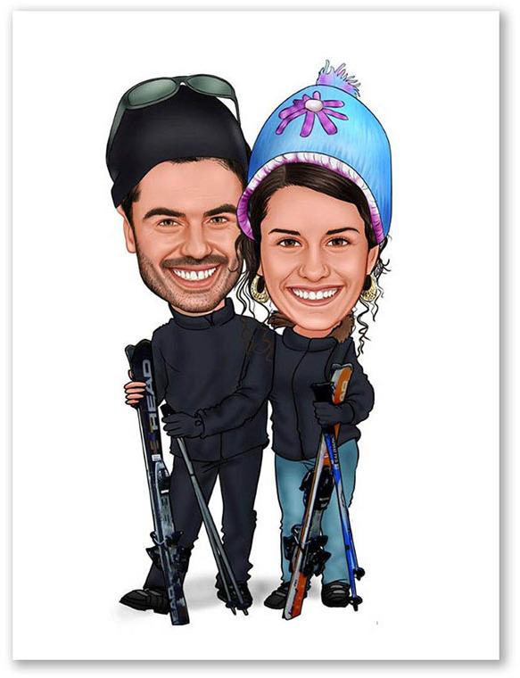 Karikatur vom Foto - Skifahrer-Paar (ca611)