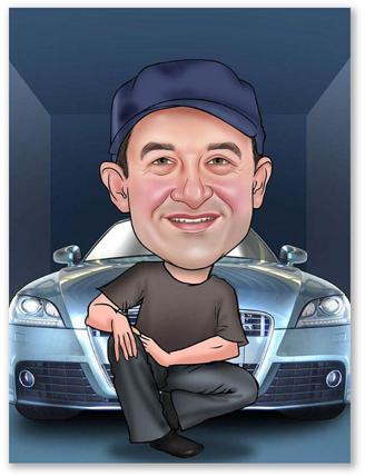 Karikatur vom Foto - Stolz auf sein Auto (andere Autos mgl.) (ca690)