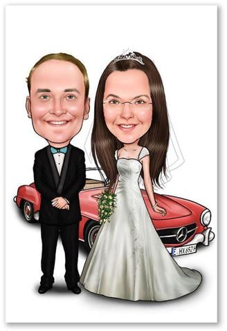 Karikatur vom Foto - Hochzeitspaar vor Auto (ca1164)
