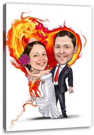 Karikatur vom Foto - Hochzeitspaar brennendes Herz (ca1200)