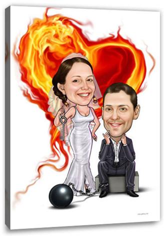 Karikatur vom Foto - Hochzeitspaar brennendes Herz (ca1206)