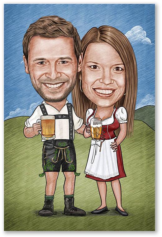 Karikatur vom Foto - Wiesn Paar Zeichnung mit rot (ca254pen-color)