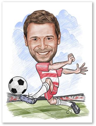 Karikatur vom Foto - Fussball weiss rot (andere Vereins-Shirts mgl.Zeichnung farbig (ca309pen-color)