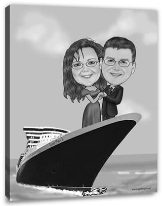 Karikatur vom Foto - Paar auf Dampfer SW (ca545sw)