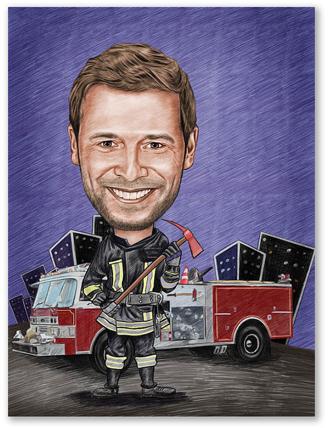 Karikatur vom Foto - Feuerwehr Einsatz Zeichnung farbig (ca232pen-color)