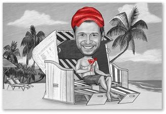 Karikatur vom Foto - Im Strandkorb Zeichnung mit rot (ca287man-pen-red)