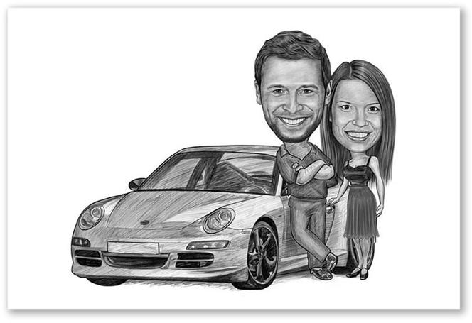 Karikatur vom Foto - Mein Auto (andere Automarken mgl.) Paar Zeichnung (ca392couple-pen)