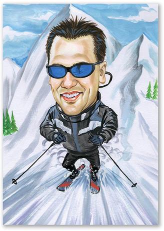 Karikatur vom Foto - Skifahrer im Einsatz (cdi214)