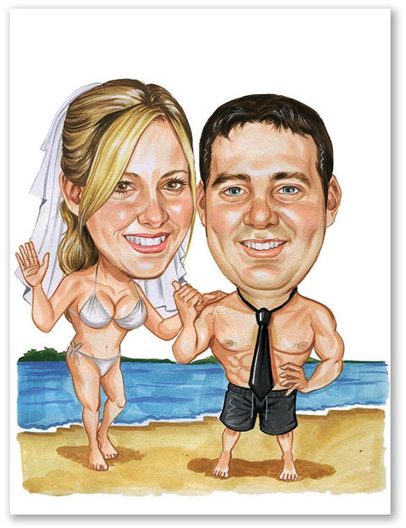 Karikatur vom Foto - Hochzeitspaar am Strand (cdi341)