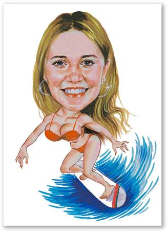 Karikatur vom Foto - Frau auf Surfbrett (cdi367)
