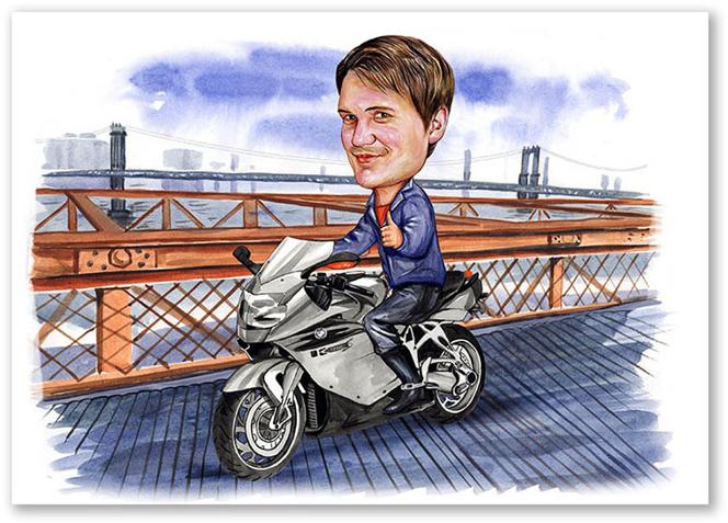 Karikatur vom Foto - Biker auf Brï¿½cke (cdi474)