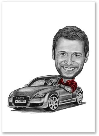 Karikatur vom Foto - Mann im Audi Zeichnung mit rot (ca2941pen-red)