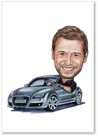 Karikatur vom Foto - Mann im Audi Zeichnung farbig (ca2941pen-color)