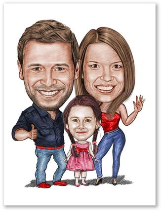 Karikatur vom Foto - Familie Mama Papa Kind Portrait Zeichnung mit rot (ca1311pen-color)