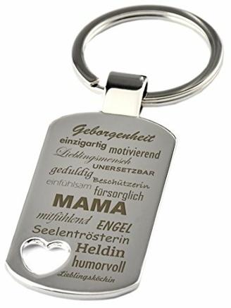 Schlüsselanhänger mit Herzauschnitt und Gravur "Eigenschaften einer Mama" - Chrom - Geschenk für Mutter zum Muttertag oder zu Weihnachten