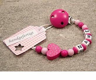 kleinerStorch kS-013-1 Baby Schnullerkette mit Namen - Schnullerhalter mit Wunschnamen - Mädchen Motiv Herz, pink