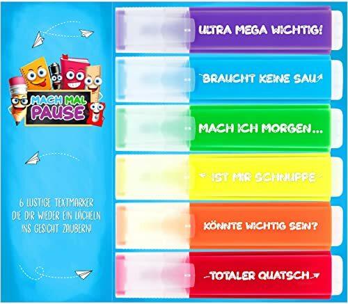 MACH MAL PAUSE® 6x Lustige Textmarker - das frech bunte Marker Set zum lernen u. markieren ist das Geschenk für Studenten Schüler Lehrer u. Kollegen - die Highlighter Stifte für Schule Uni Büro