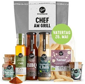 Gepp's Feinkost Chef am Grill Geschenkkorb für Männer I Köstliches Grill-Geschenk für ihn mit 2 x Grillsaucen, Chili-Öl, Magic Dust BBQ Rub, Black Lava Salz & Grissini I Geschenkidee zum Grillen