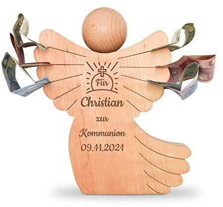 Holzengel mit Gravur - personalisierter Schutzengel zur Kommunion - Engel aus Holz Geschenkidee zur Kommunion - personalisierte Geschenke für Kinder und Baby Geschenkidee für Jungen/Mädchen