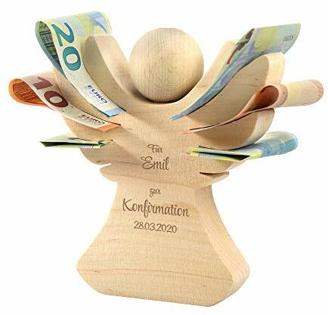 Casa Vivente Engel aus Holz: Geschenk zur Konfirmation | Geldgeschenk für Jungen und Mädchen | Personalisiert mit Namen und Datum, Verpackung für Geldgeschenke, persönliches Konfirmationsgeschenk