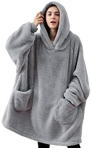 Bedsure Hoodie Decke mit Ärmeln Grau - Decke zum Anziehen Sweatshirt, Kuscheldecke mit Ärmeln Pullover 95x85 cm, Erwachsene Ärmeldecke tragbar weich warm, Ganzkörperdecke als TV Decke